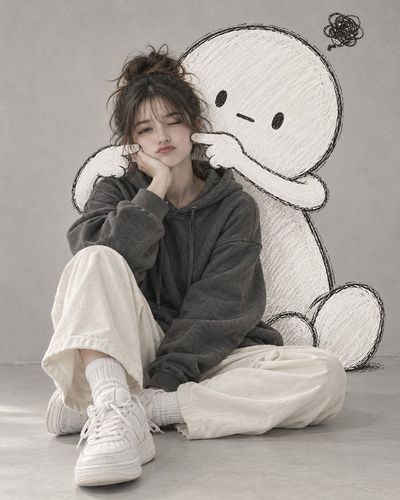 Photorealistic Woman Poses With Hand-Drawn Cartoon Behind Her