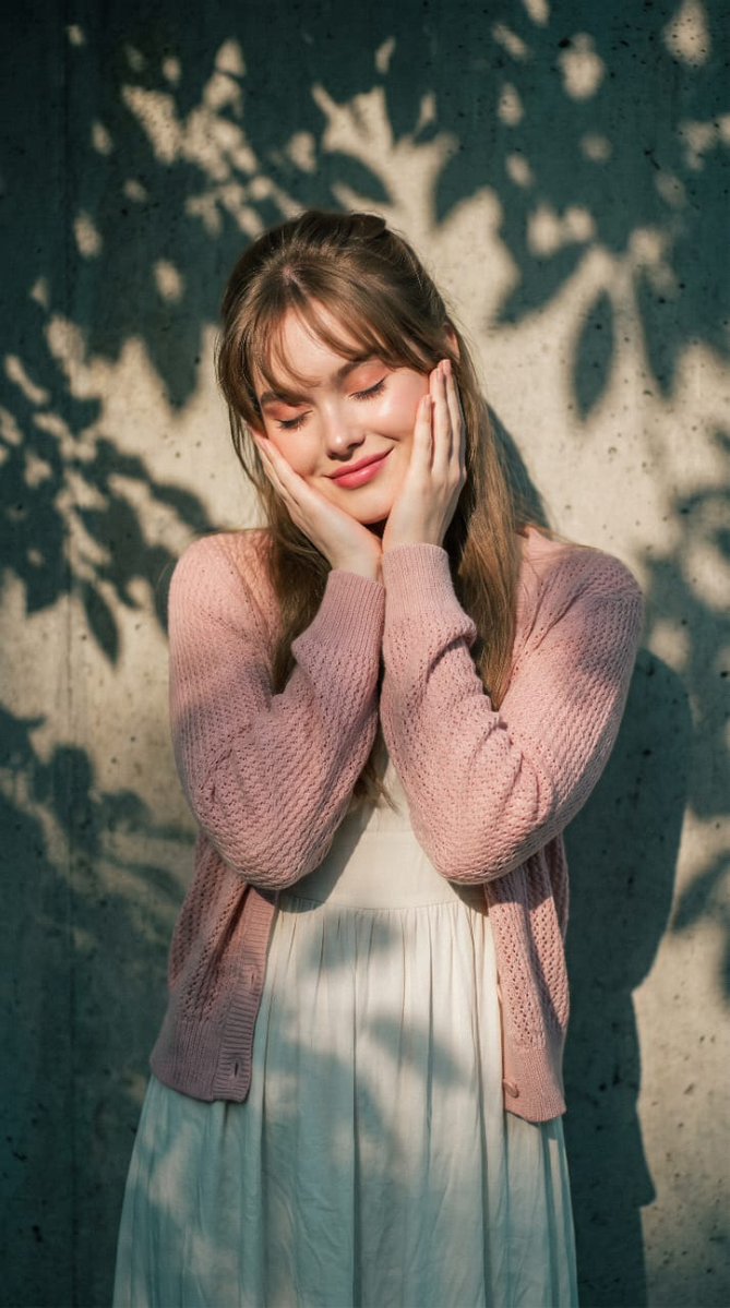 Young woman cups her cheeks as dappled sunlight filters through leaves