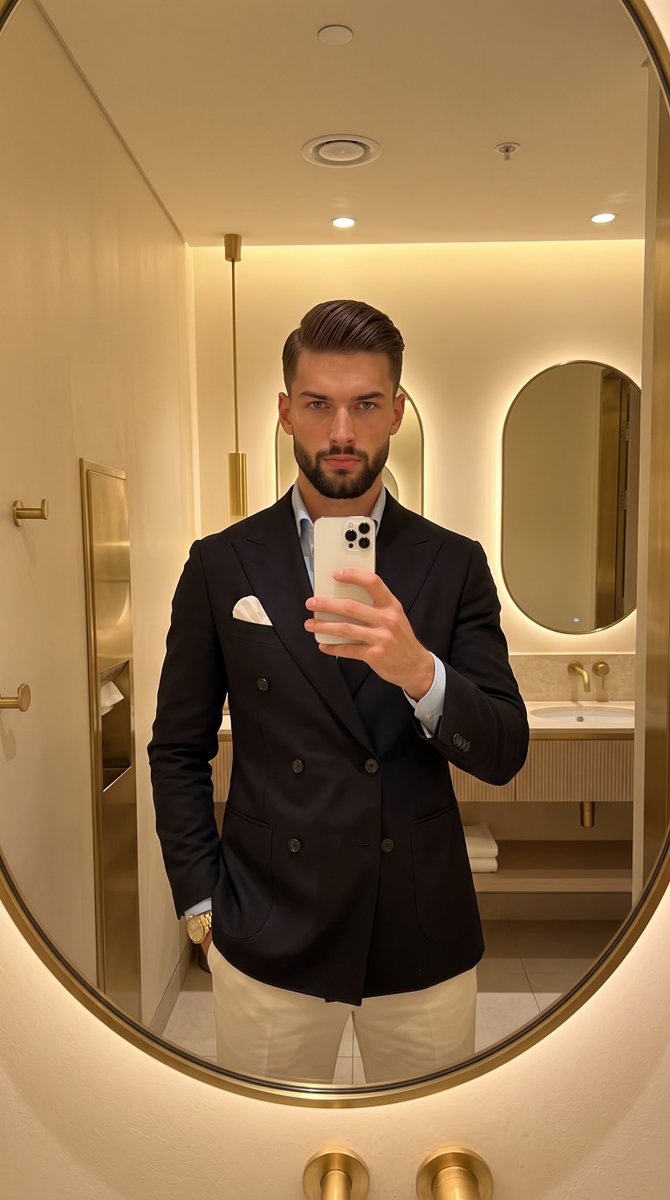 Elegant man in black blazer takes a mirror selfie in a luxurious dressing room.