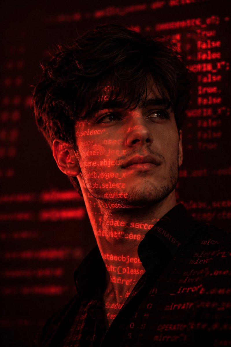 A man with code glowing across his face in red light