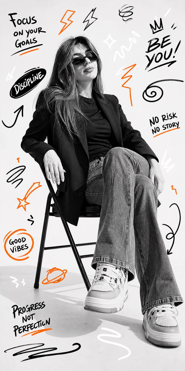 Confident model in black blazer sits surrounded by orange doodle graffiti