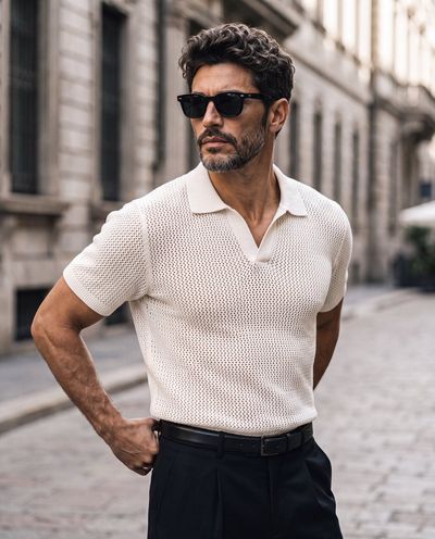 A man in black trousers and ivory knit poses on a European street