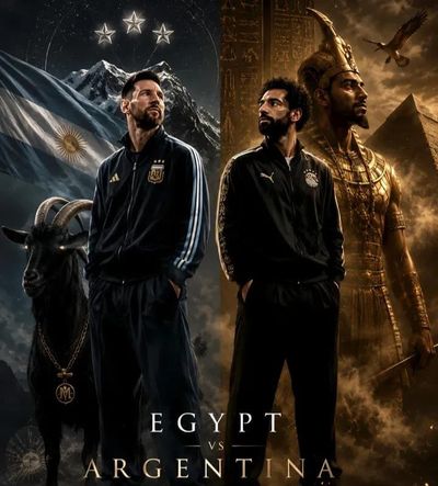 Messi and Salah stand back-to-back in epic cinematic split-composition poster.