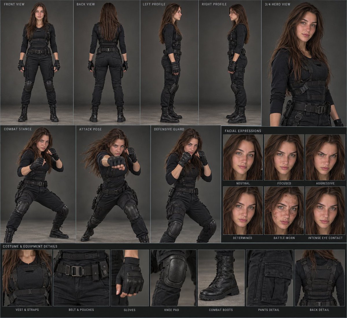 Cinematic Fighter Character Sheet Shows Realistic Combat Gear and Poses