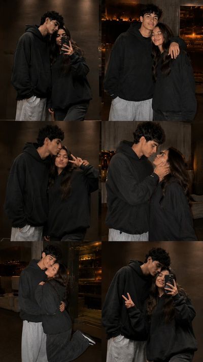 Oversized hoodie couple poses in candid nighttime photostrip collage
