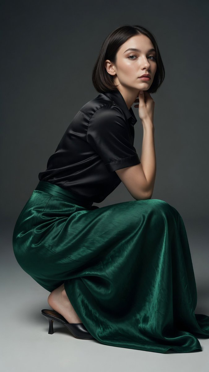 Matilda De Angelis wears an emerald skirt in a dramatic studio pose