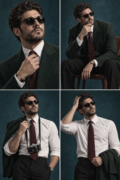 Young model in green suit poses thoughtfully in teal studio