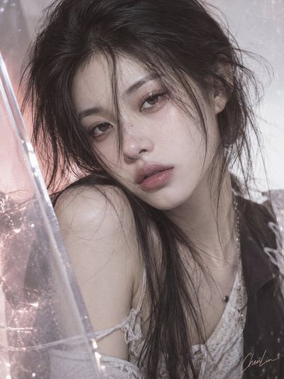 Hair veils half her face in soft candid editorial style