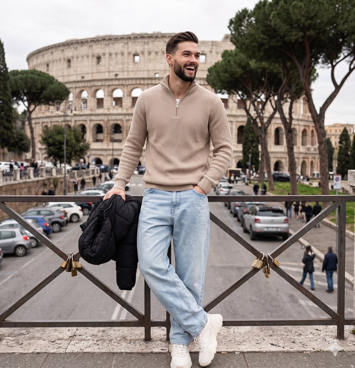A smiling man in beige sweater leans against a railing near the Colosseum