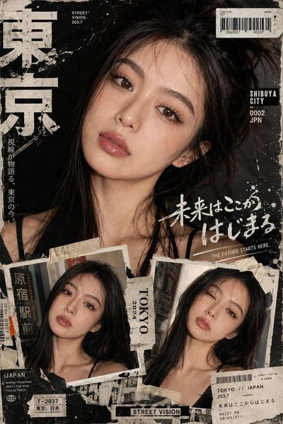 A cinematic close-up portrait anchors a gritty Japanese collage poster