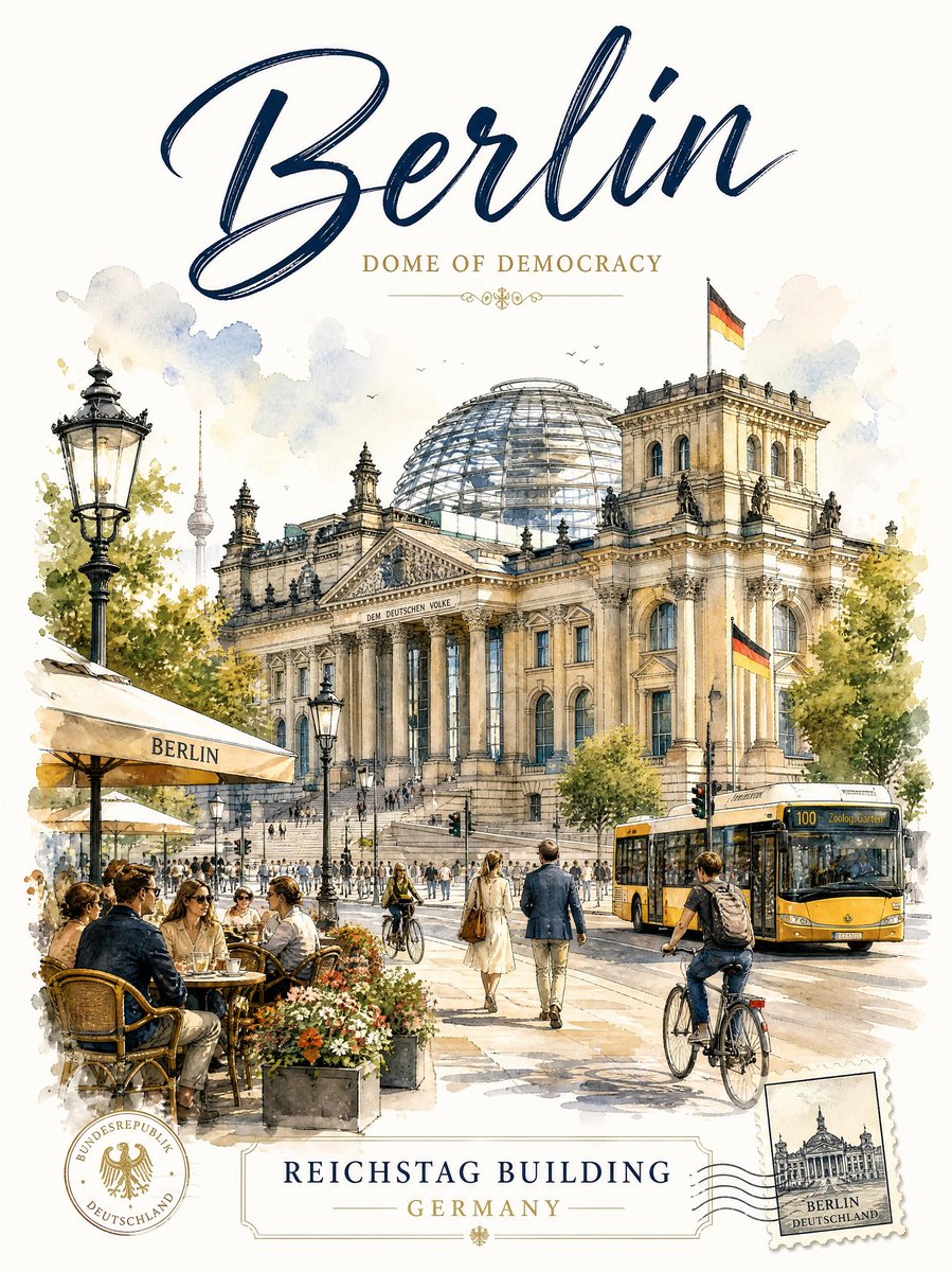 Golden sunlight illuminates Berlin's Reichstag with delicate watercolor washes