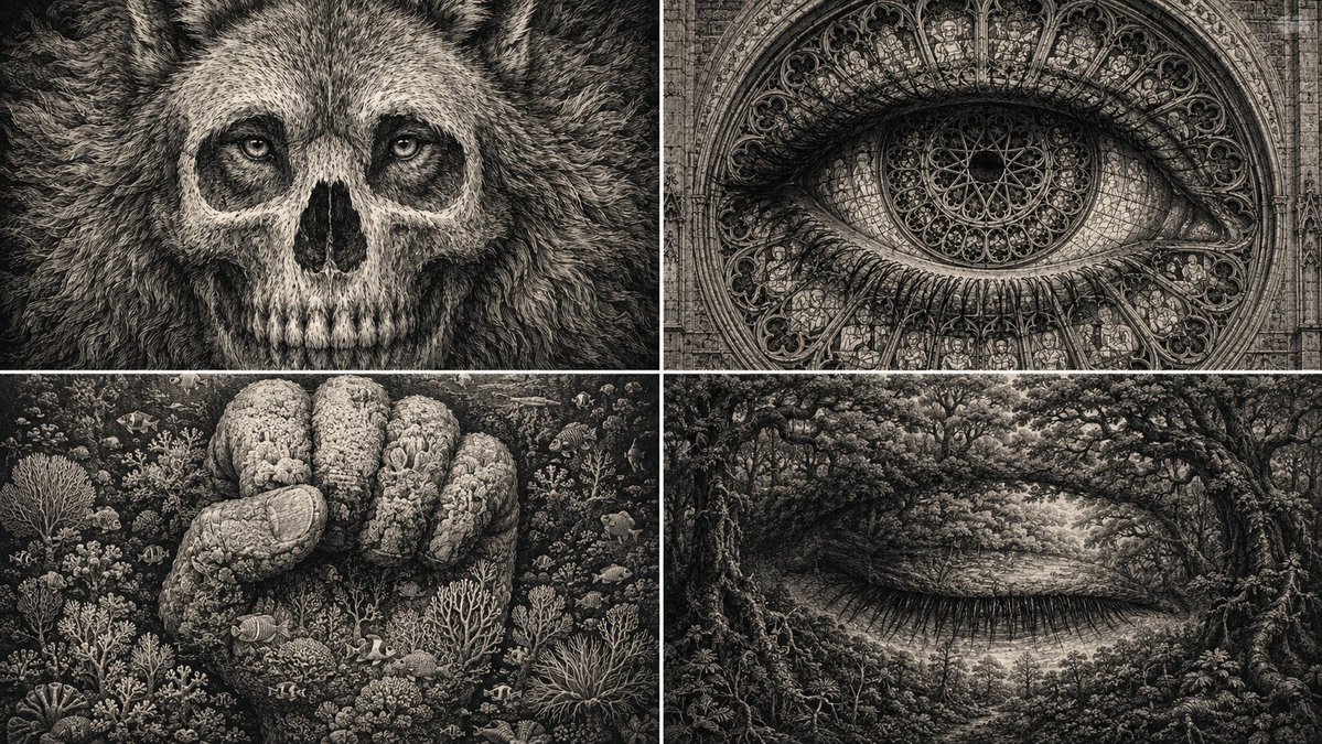 A wolf's face becomes a human skull when viewed from across the room