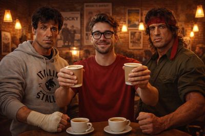 Center Stage: Your Face Framed by Iconic 80s Coffee Legends