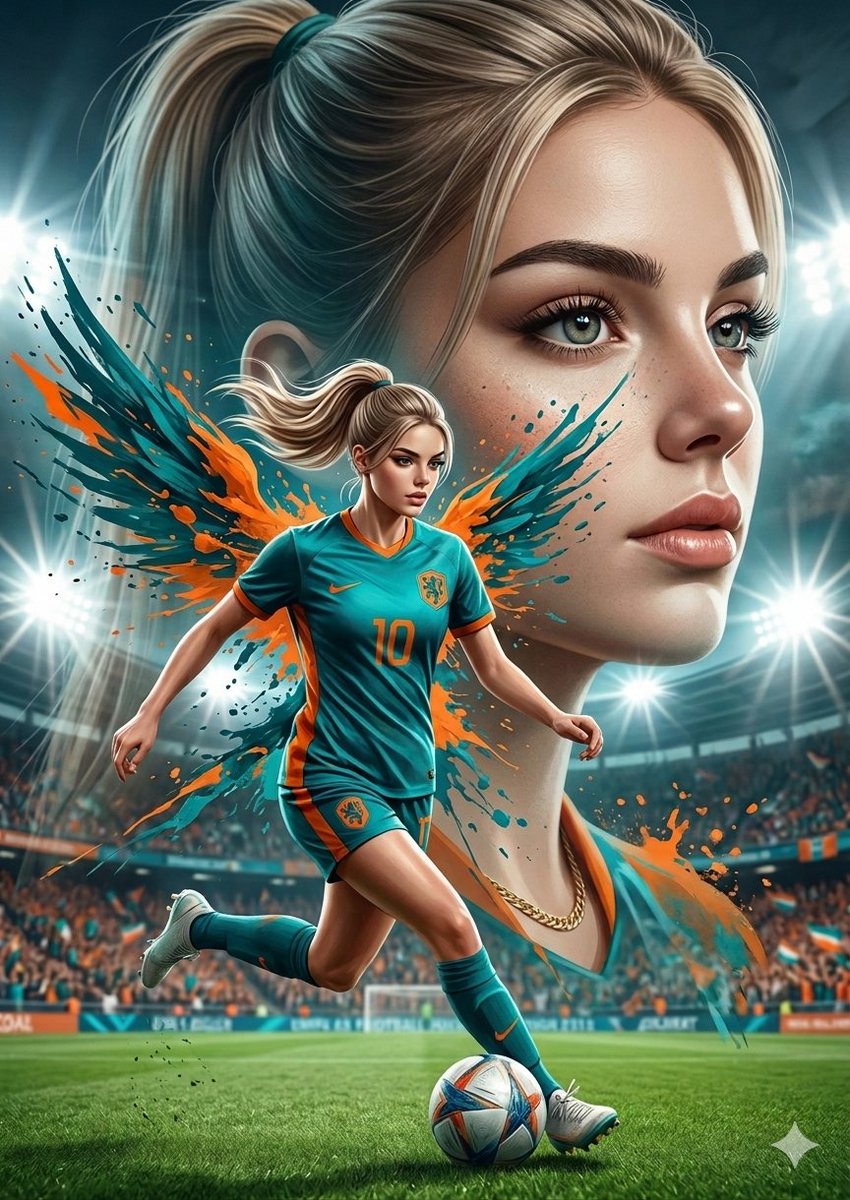 A female soccer player dribbles with fiery teal-orange paint splashes