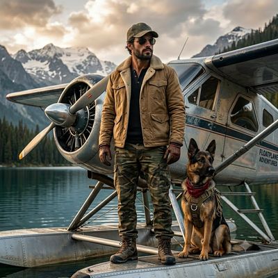 A rugged explorer and his loyal German Shepherd stand beside a vintage seaplane.
