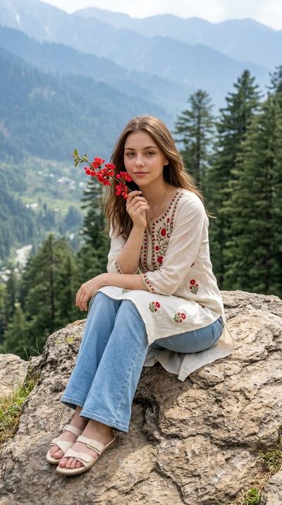 Young woman in embroidered kurti sits on rock amid misty mountains
