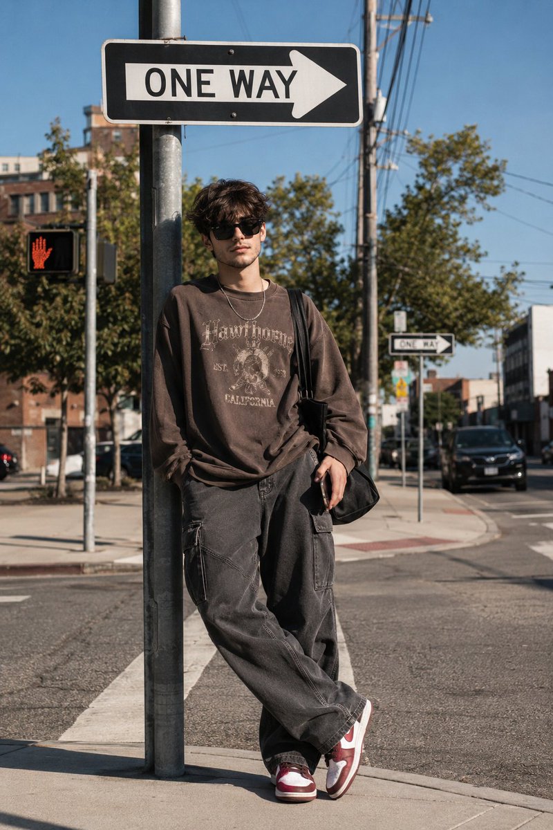 Young man leans against a pole at a sunny street corner