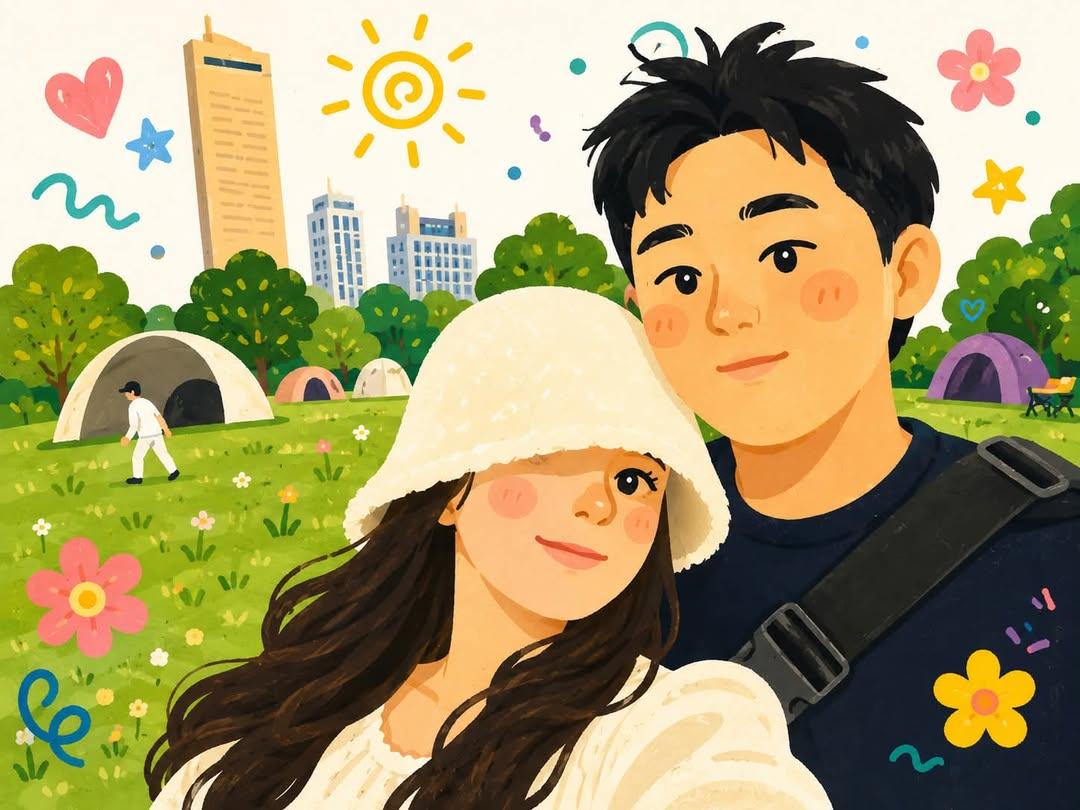 A happy couple takes a cute selfie in a sunny park