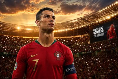 Cristiano Ronaldo stands alone in sunset-lit stadium after final whistle