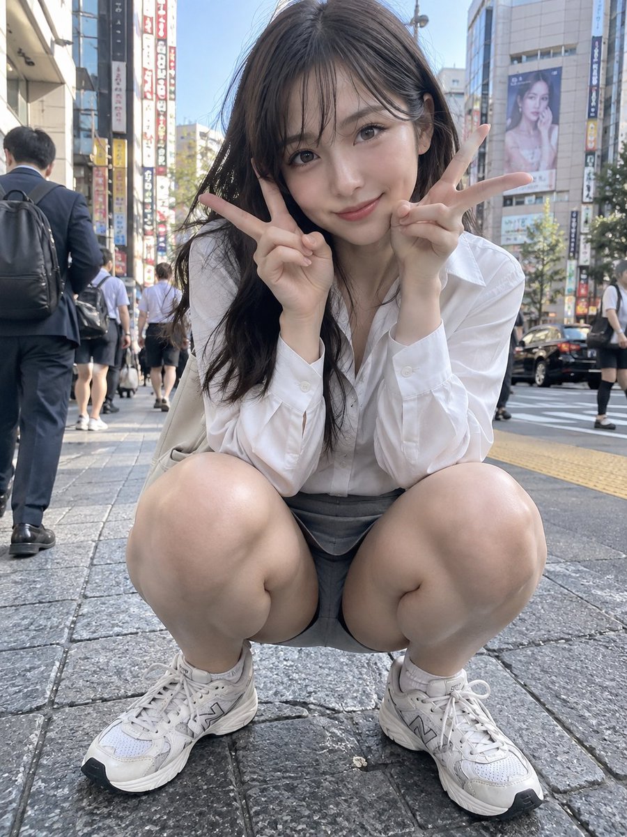 Fictional beauty crouches on city sidewalk with double peace sign