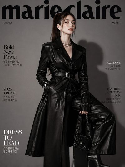 Korean model wears black leather trench on Marie Claire cover