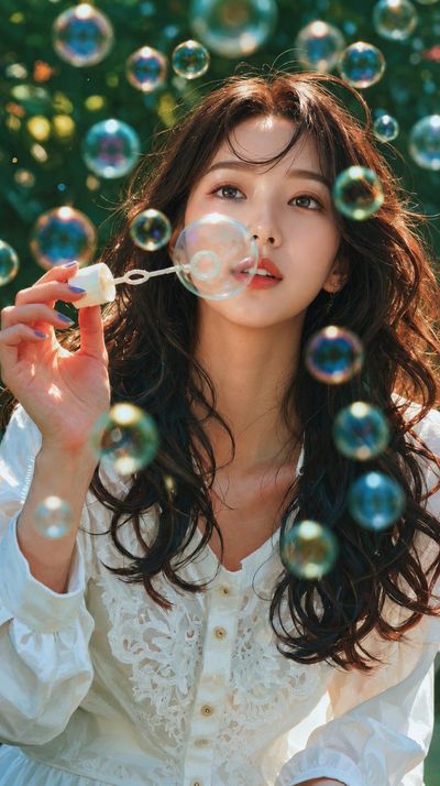 East Asian woman blows iridescent bubbles in sunlit garden at golden hour