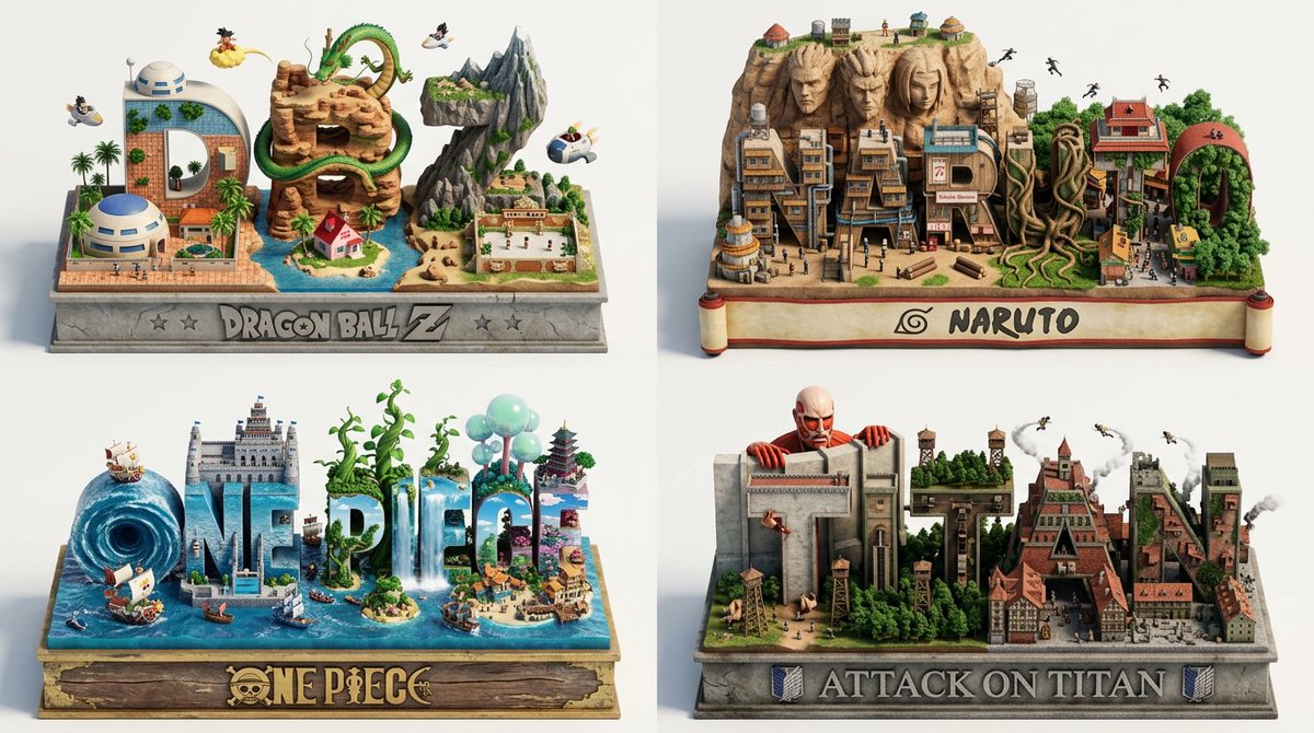 Four Manga Worlds Become Isometric 3D Letter Cities in Grid