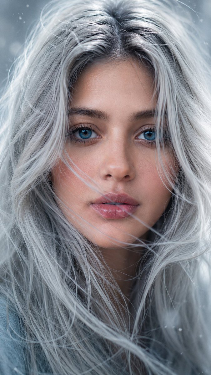 Silver hair veils her face in icy cinematic grace