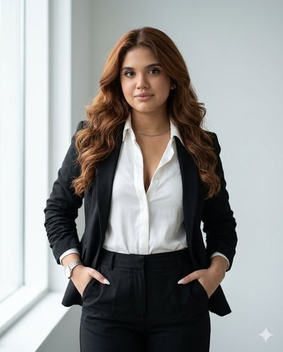 Confident woman in black suit poses with relaxed elegance