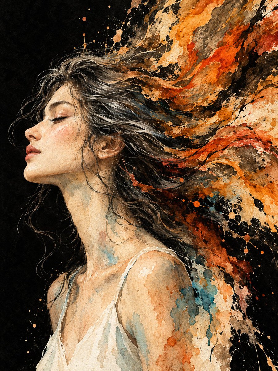 Woman's flowing hair dissolves into fiery watercolor masterpiece.