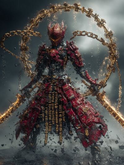 Wrathful king in ruby armor spins through a storm of fire