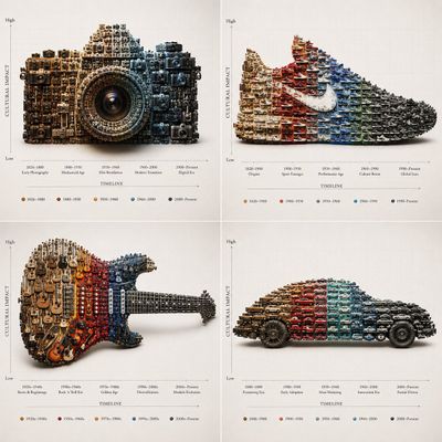 Vintage cameras in a grid form a giant camera silhouette