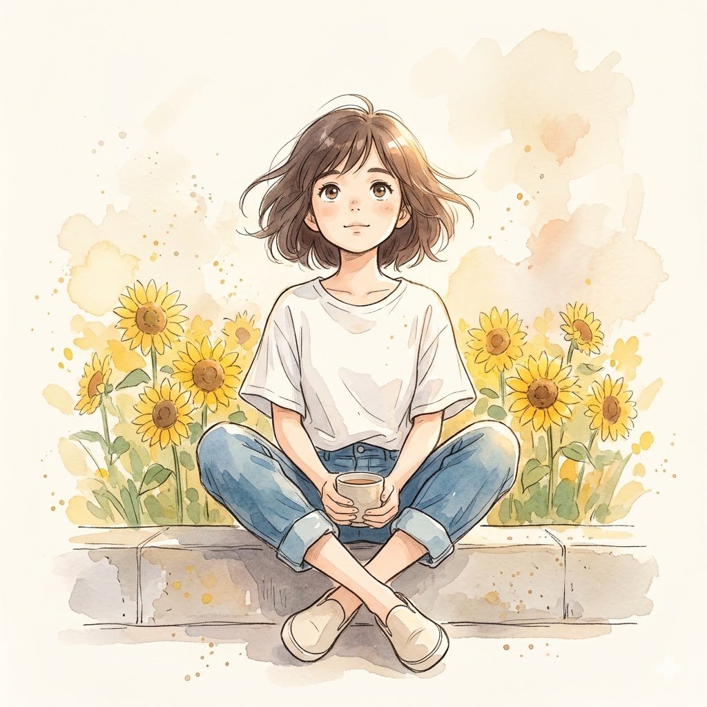 Dreamy Watercolor Portrait of a Girl Among Sunflowers