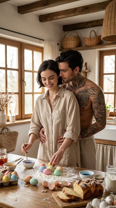 A tattooed baker embraces his wife while she decorates Easter eggs