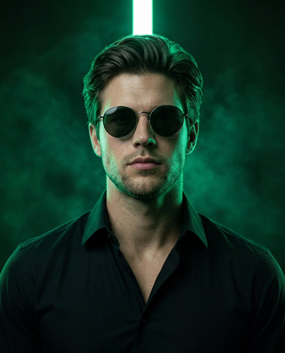 A man in black jacket with green neon halo around his head
