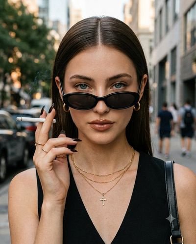 Woman with Lowered Shades Poses in Blurred City Street