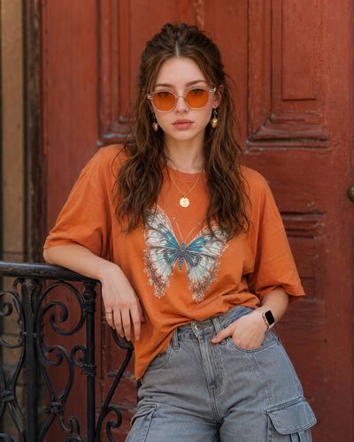 Woman in orange shirt leans against rustic wooden door