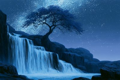A majestic waterfall glows under a star-filled night sky