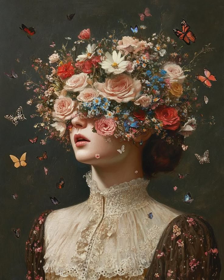 Surreal vintage portrait of woman with floral face and butterflies