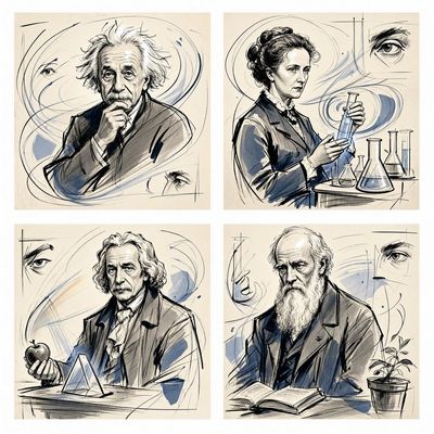 Four scientists sketched in a grid with gesture lines