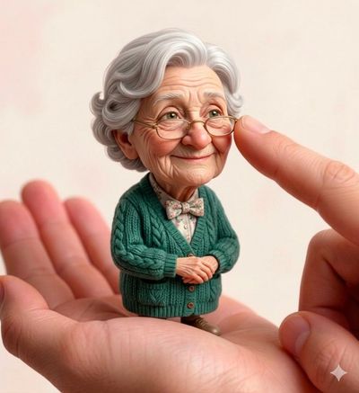 Miniature Elderly Couple Cradled in Giant Hand with Gentle Touch