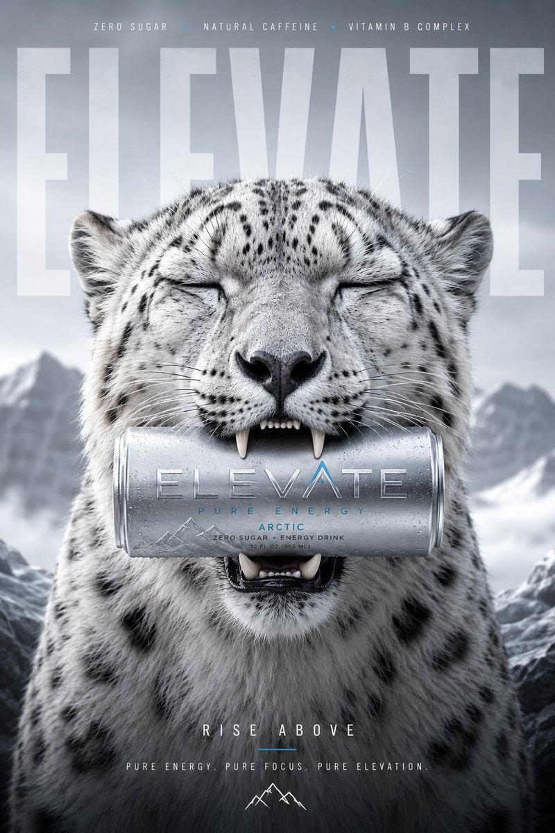 A serene snow leopard holds a sleek silver energy drink can.