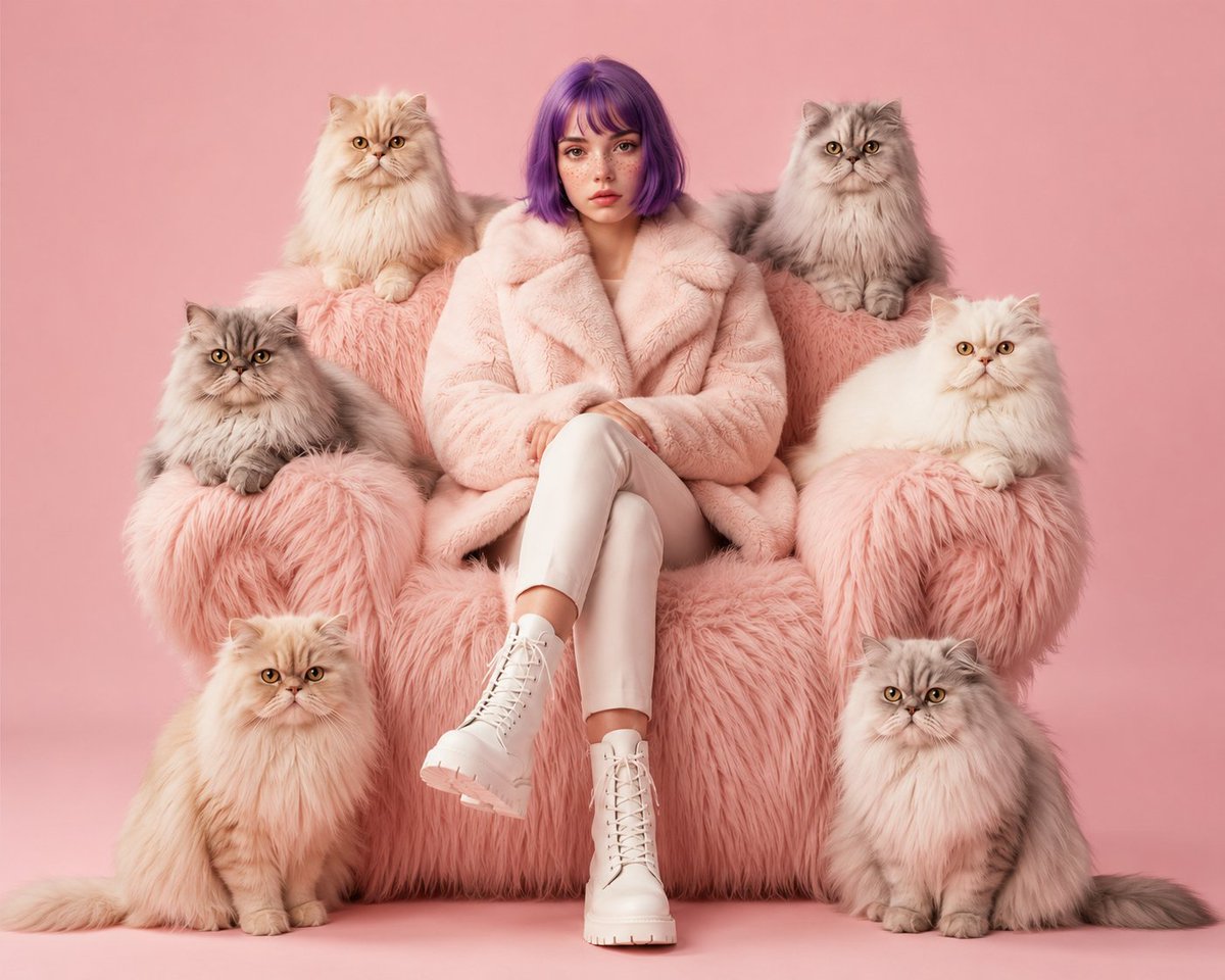 A confident woman in pastel pink poses with six Persian cats