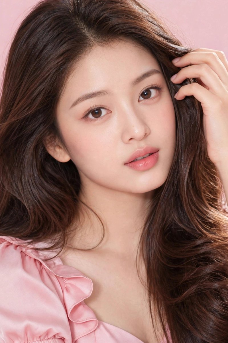 Radiant East Asian Woman in Pink Silk Poses in Studio Portrait