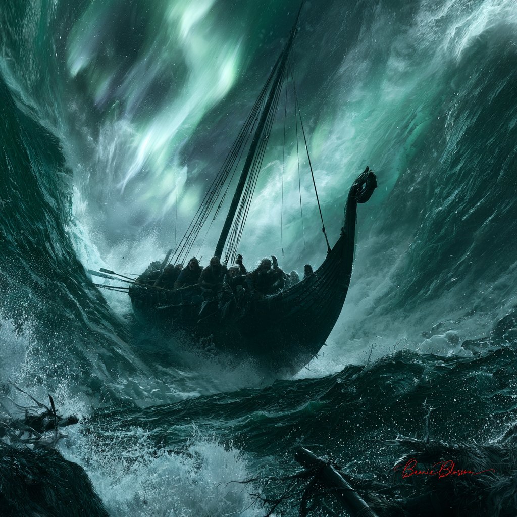 Viking longship battles colossal wave under aurora-torn sky in storm