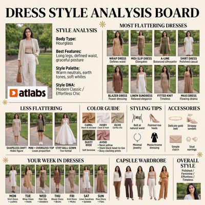 Minimalist fashion mood board analyzes dress styles with warm neutrals