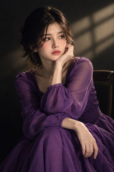 Purple Dress Woman Bathed in Window's Geometric Light