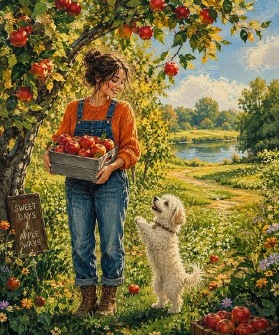 A young woman in overalls picks apples as her dog waits eagerly