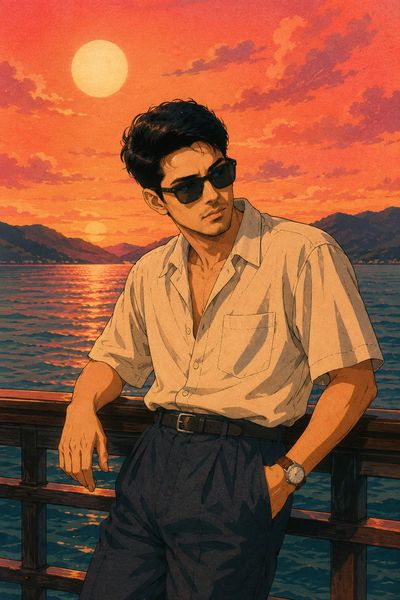 A man in a beige shirt leans on a railing at sunset