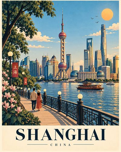 A premium illustrated travel poster captures iconic landmarks with vibrant charm